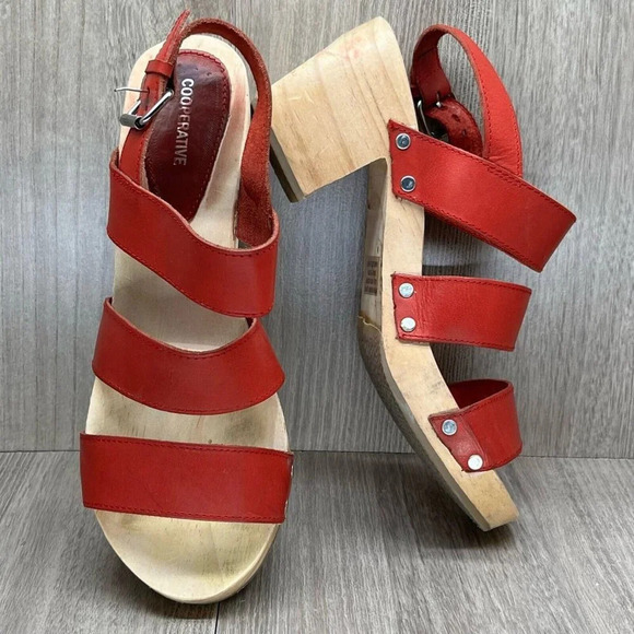 UO Cooperative Sandals Women 7 Gladiator Slingback Wooden Block Heel Leather Red - Picture 6 of 13